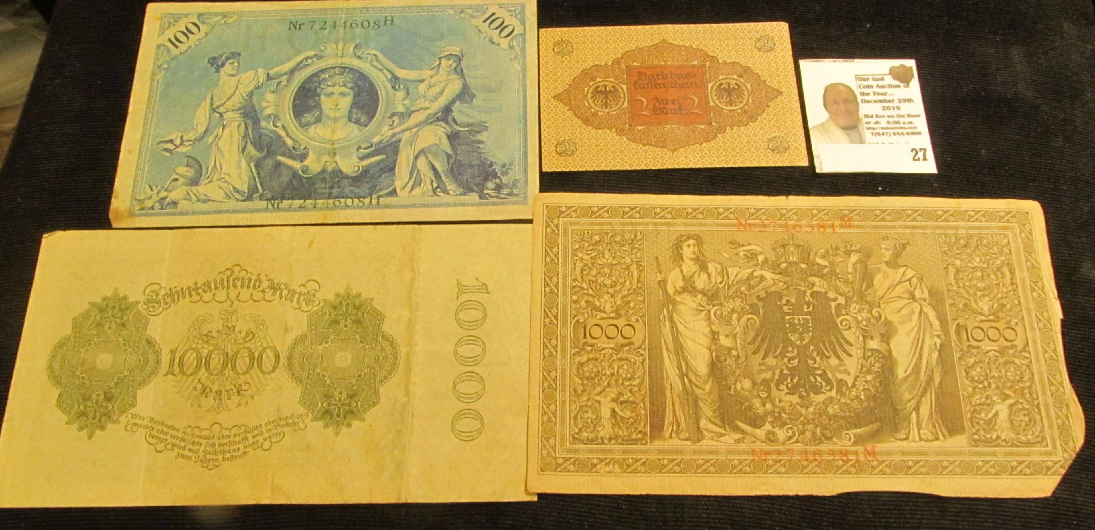 Four note set of old German Banknotes. Includes Two mark, 100, 1000, & 10,000 (Rare Vampire note) Ma