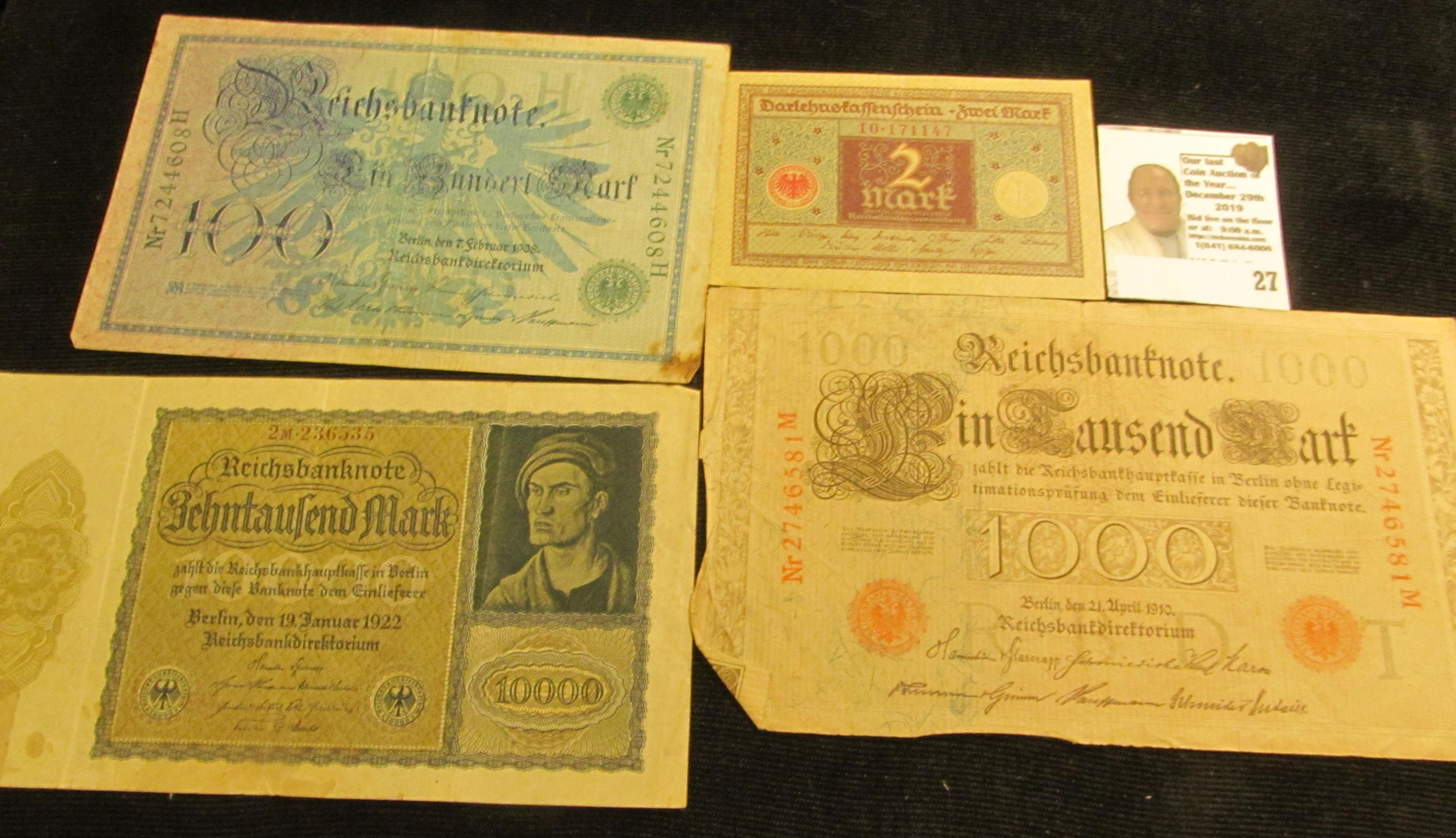 Four note set of old German Banknotes. Includes Two mark, 100, 1000, & 10,000 (Rare Vampire note) Ma