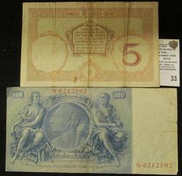 "Banque De Indo-Chine" Five Francs Noumea Banknote & 1935 German Hundred Reichsmark Banknote.