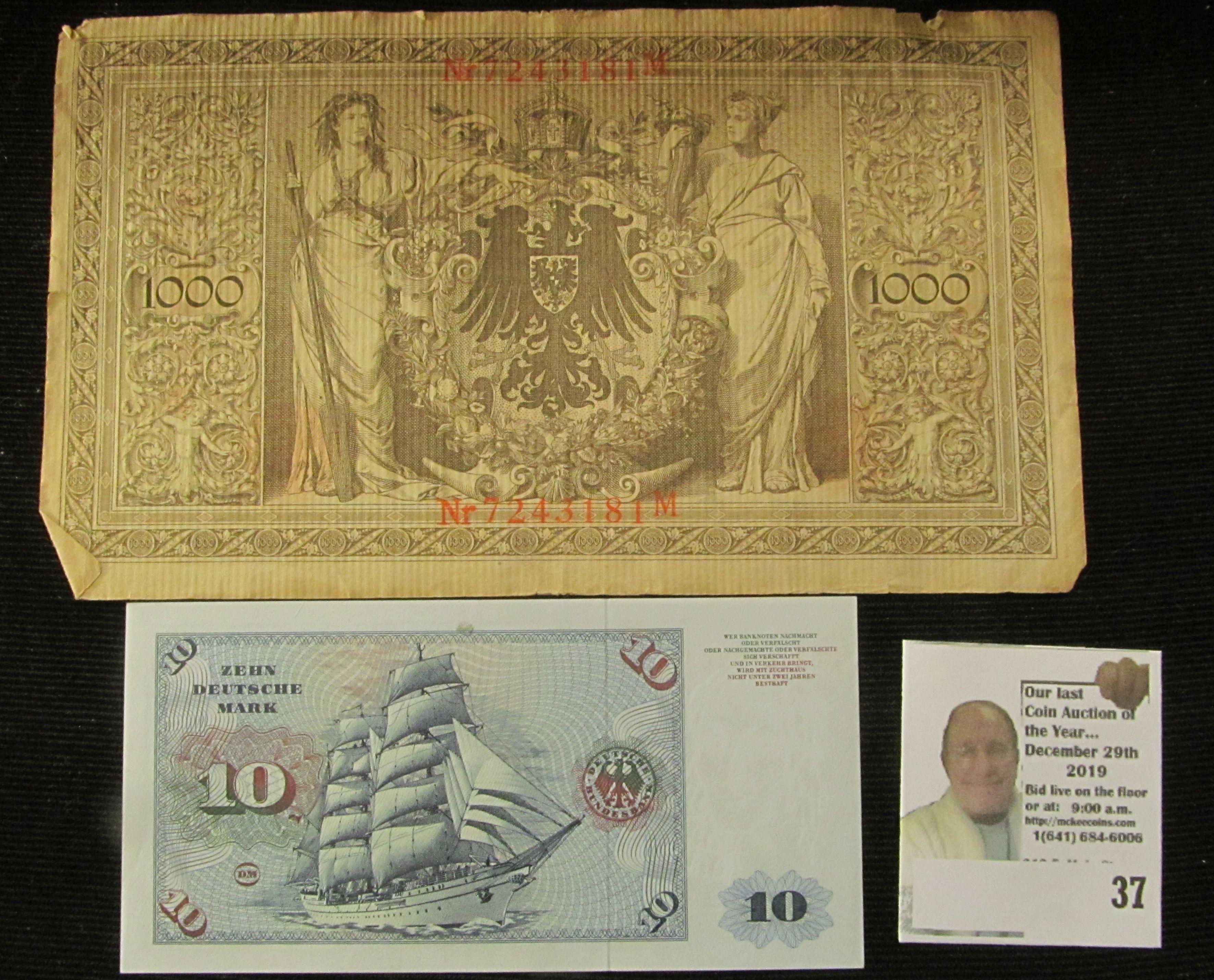 German Ten Mark Banknote 2, January 1960 Crisp Uncirculated & 1910 German 1000 Mark Banknote, circul