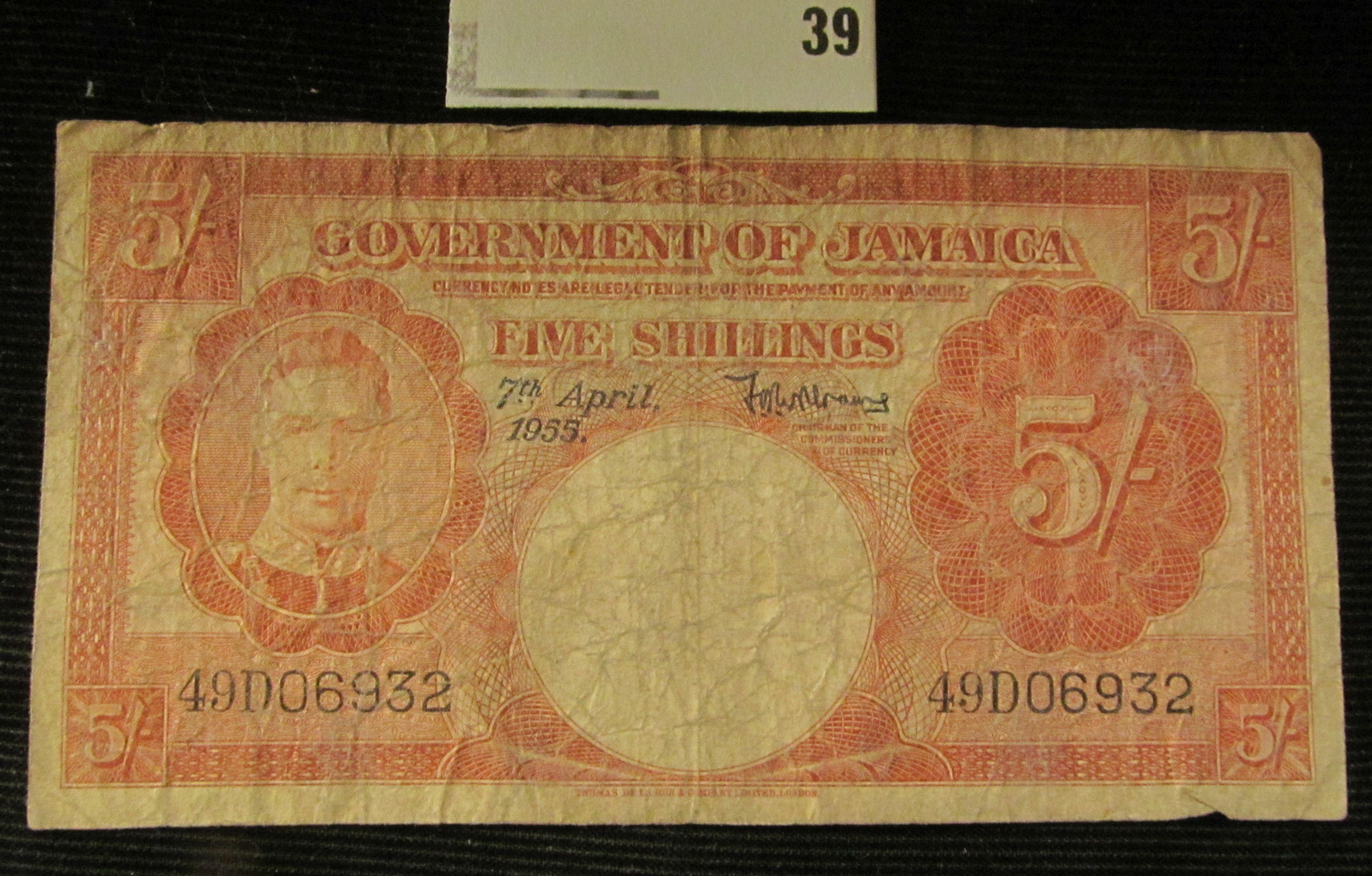 April 7th, 1955 "Government of Jamaica" Five Shillings Banknote.