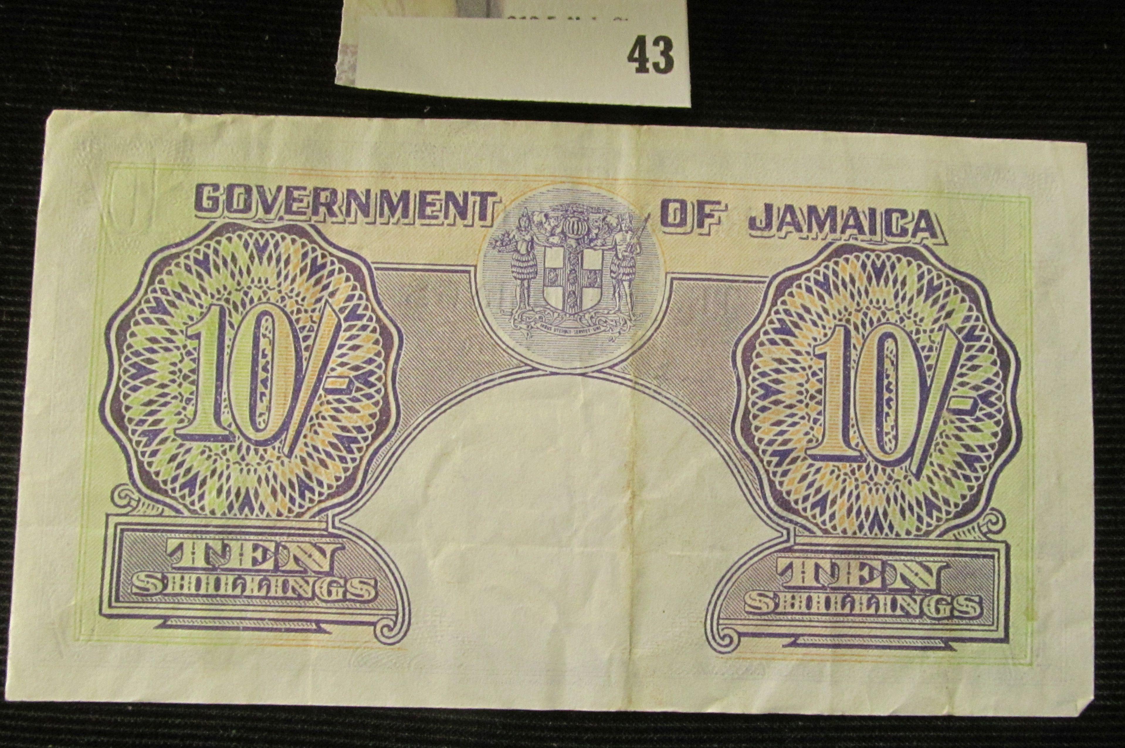 March 1st, 1953 "Government of Jamaica" Ten Shillings Banknote. Pick # 39, Catalog $65