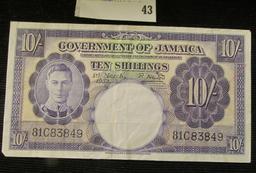 March 1st, 1953 "Government of Jamaica" Ten Shillings Banknote. Pick # 39, Catalog $65