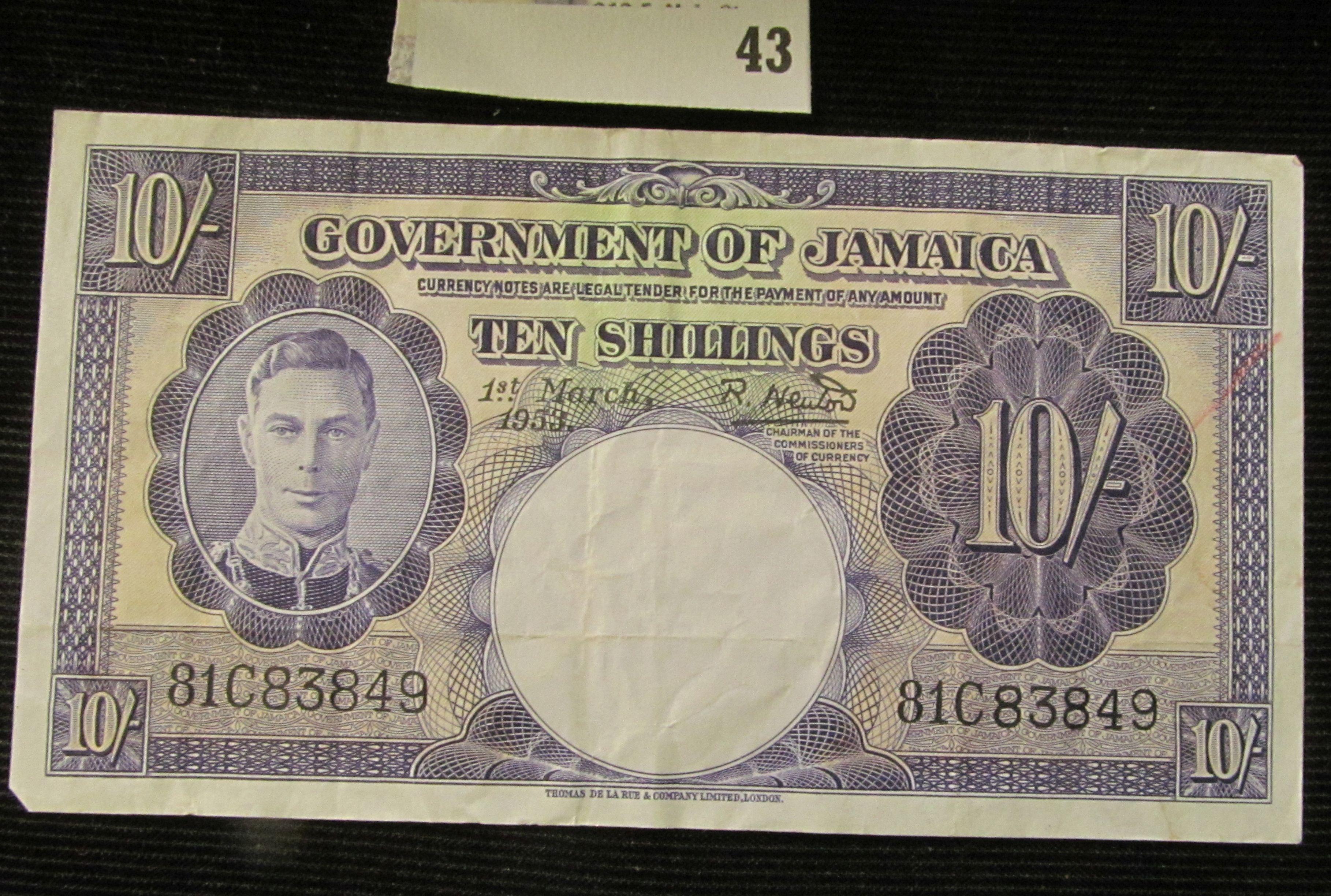 March 1st, 1953 "Government of Jamaica" Ten Shillings Banknote. Pick # 39, Catalog $65