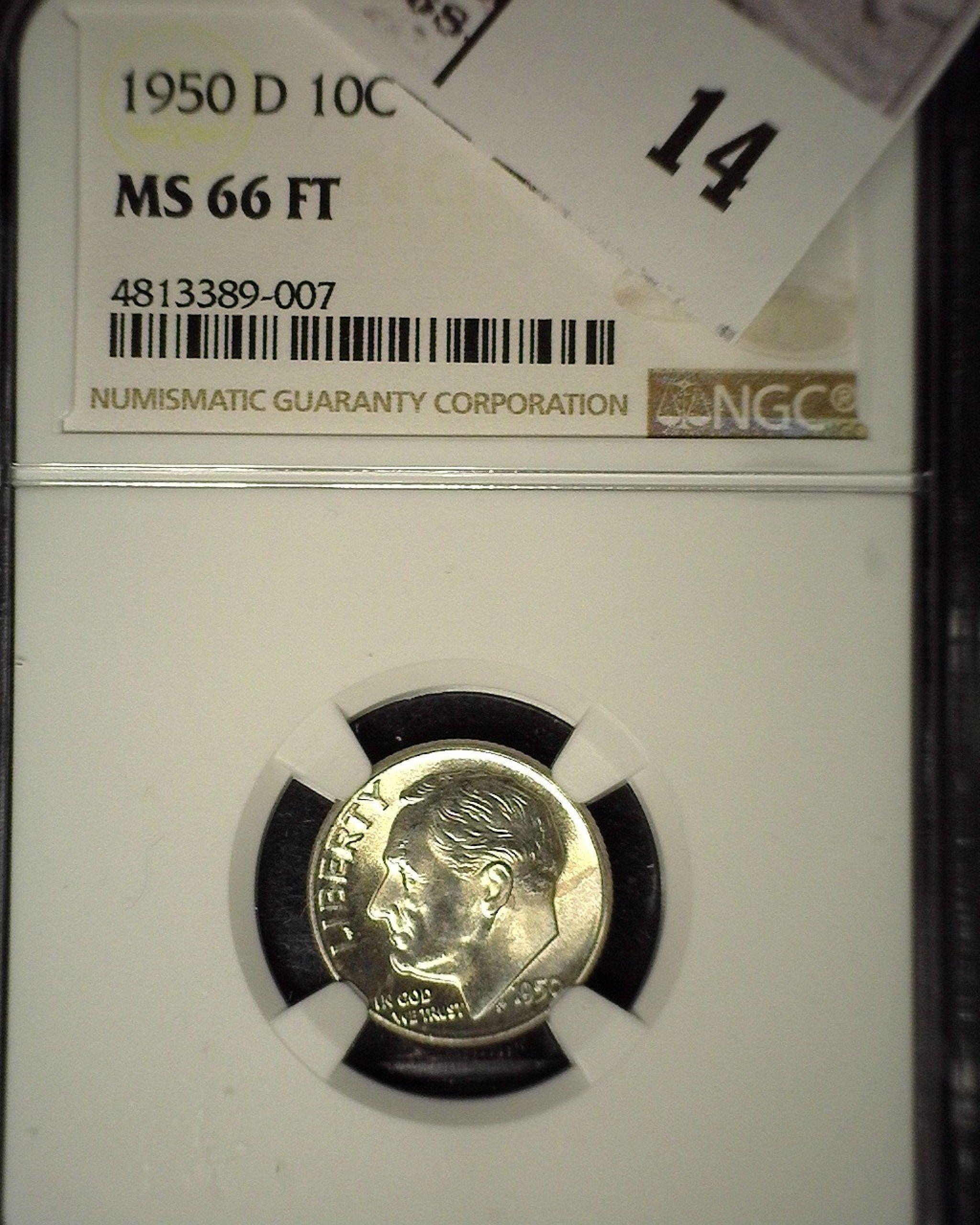 1950 D Roosevelt Silver Dime, NGC slaqbbed MS 66 FT.