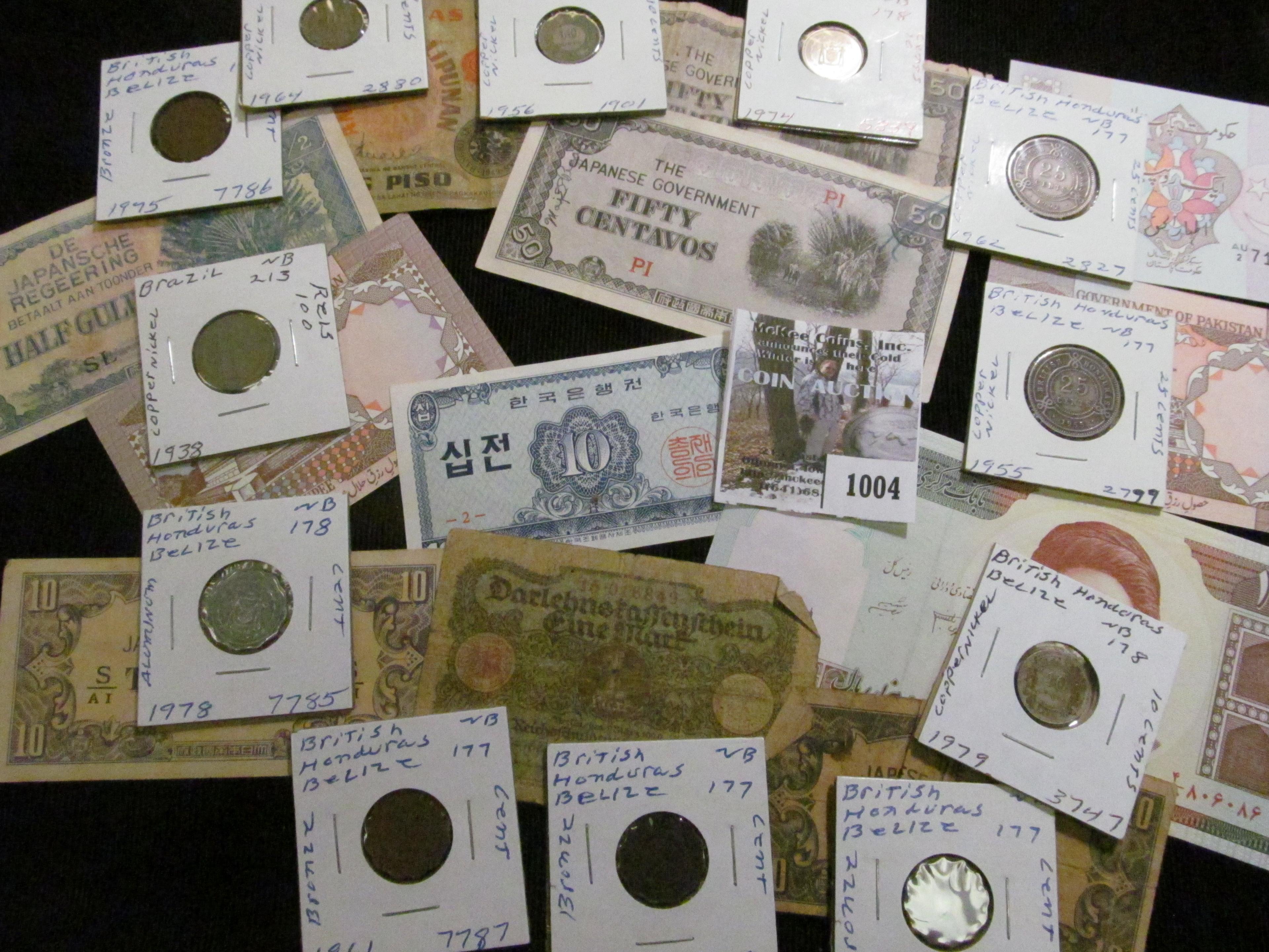 Interesting group of Old Foreign Banknotes and Coins, several dating back to WW II and before.