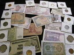 Interesting group of Old Foreign Banknotes and Coins, several dating back to WW II and before.