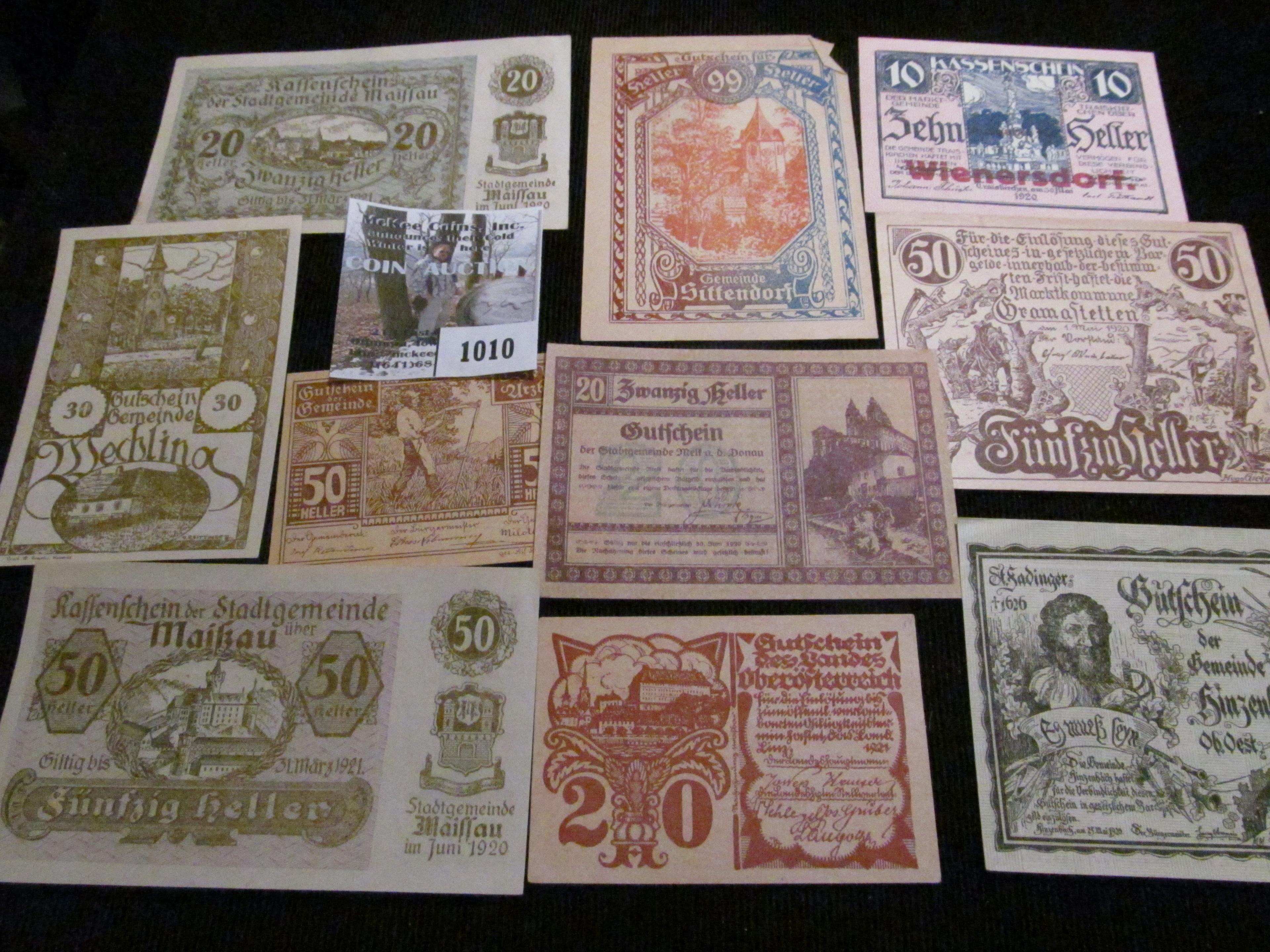 Collection of ten different pieces of German Notgeld.