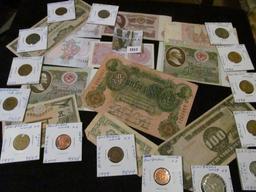 Interesting group of Old Foreign Banknotes and Coins, several dating back to WW II and before.