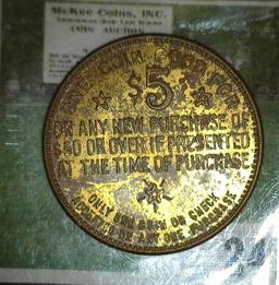 "Biederman's Gold Star Club/Member/$5/Seven Great Stores/Beiderman Furniture Co.", "One Coin Good Fo