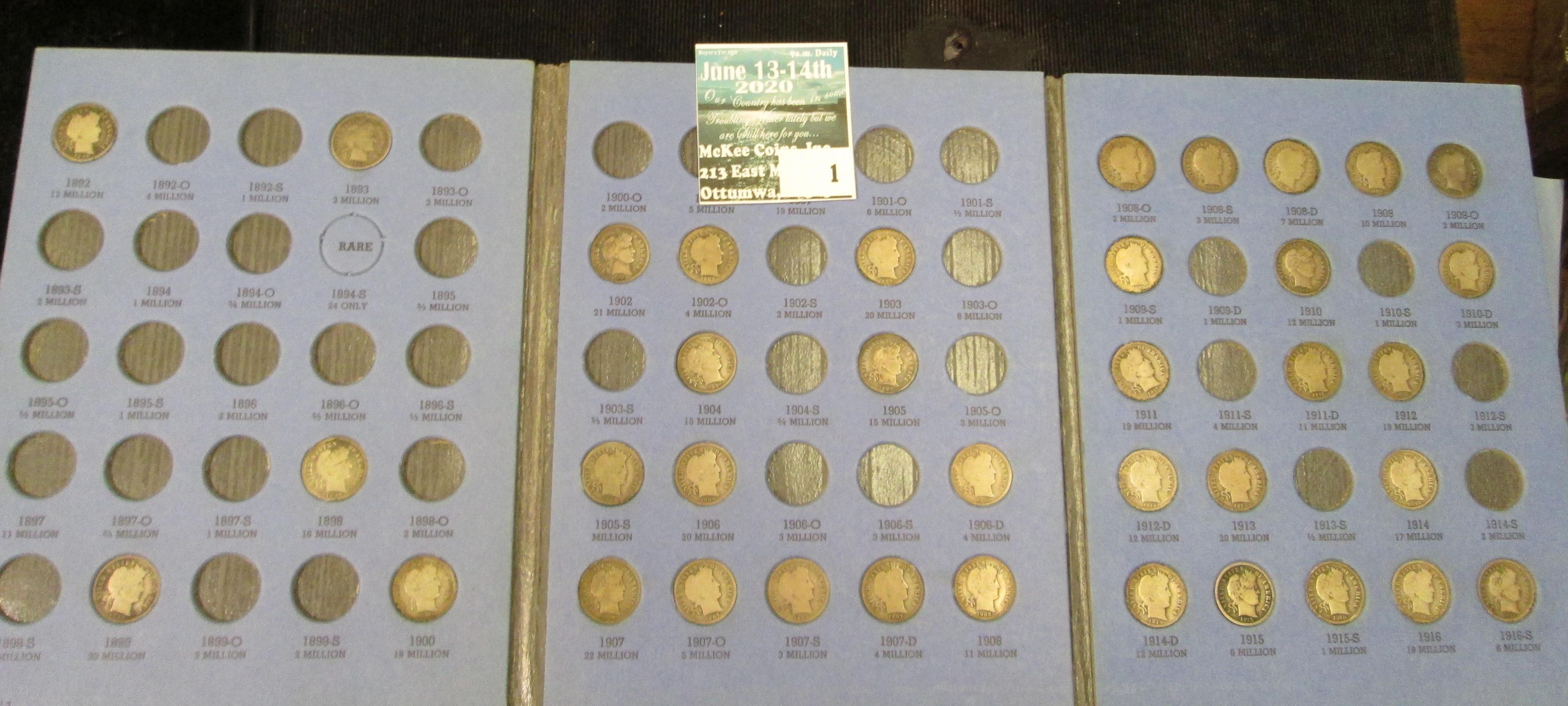 Partial Set of Barber Dimes in a blue Whitman folder. Includes 1892P, 1893P, 1898P, 1899P, 1900P, 02