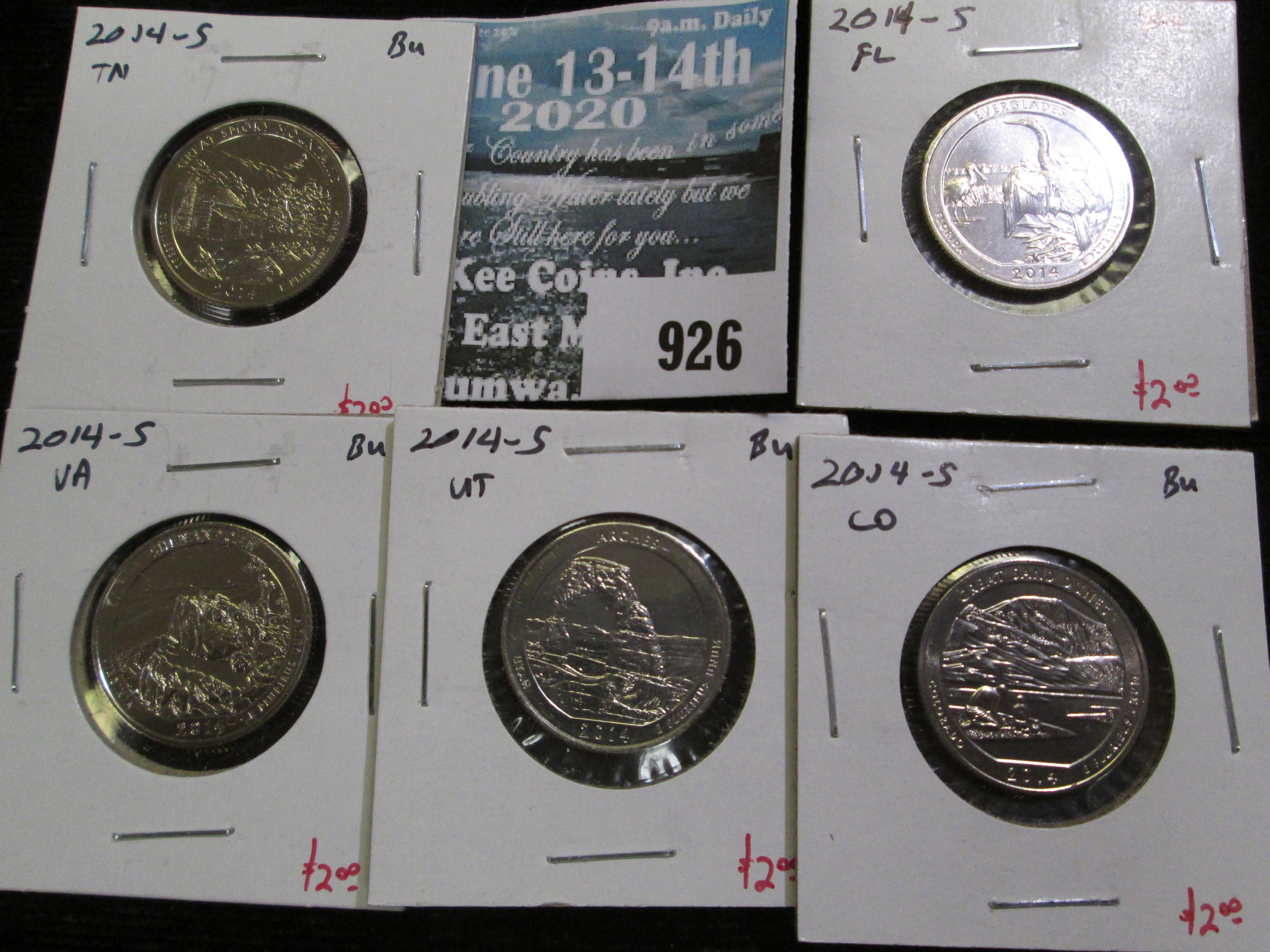 Set of 5 2014-S BU (non-Proof issues, low mintage), TN, VA, UT, CO & FL, group value $10+