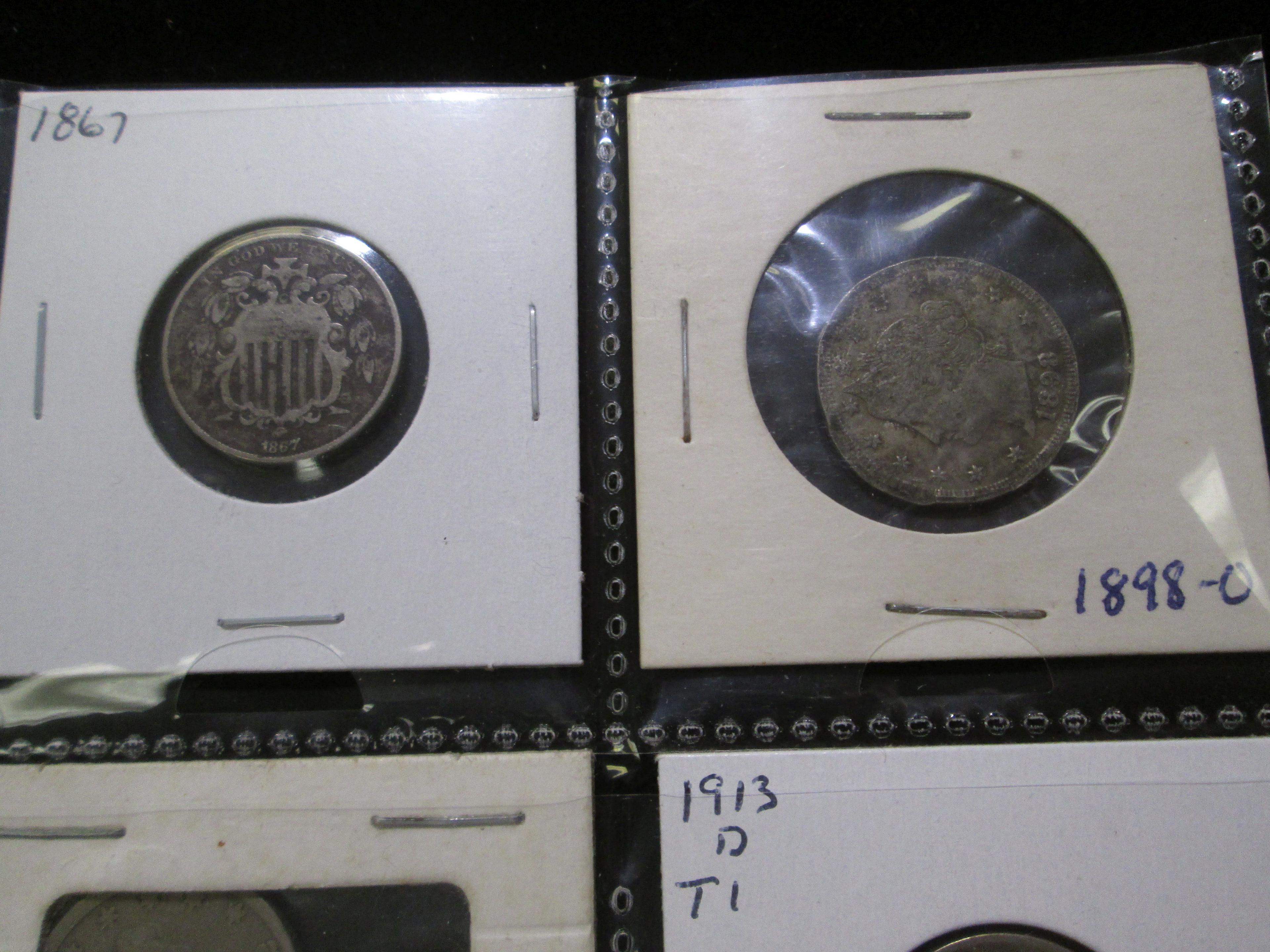 Plastic page of U.S. Type Coins. Includes (6) Barber Dimes, (2) Seated Liberty Dimes, (3) Buffalo Ni