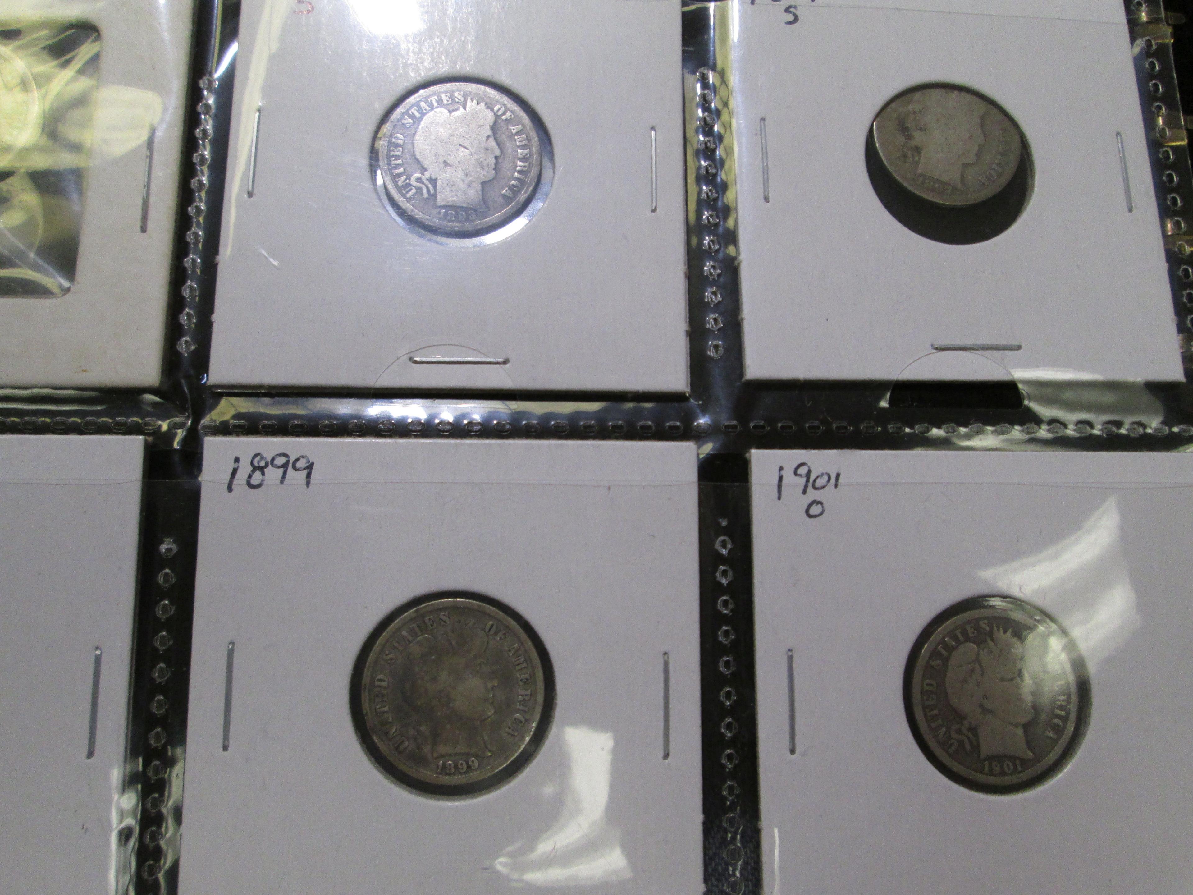Plastic page of U.S. Type Coins. Includes (6) Barber Dimes, (2) Seated Liberty Dimes, (3) Buffalo Ni