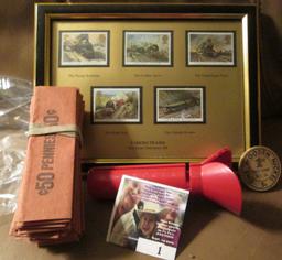 Group Of Cent Wrappers & A Plastic Tuber; 1972 Ely, Iowa Wooden Nickel; And A Framed Set Of Stamps "
