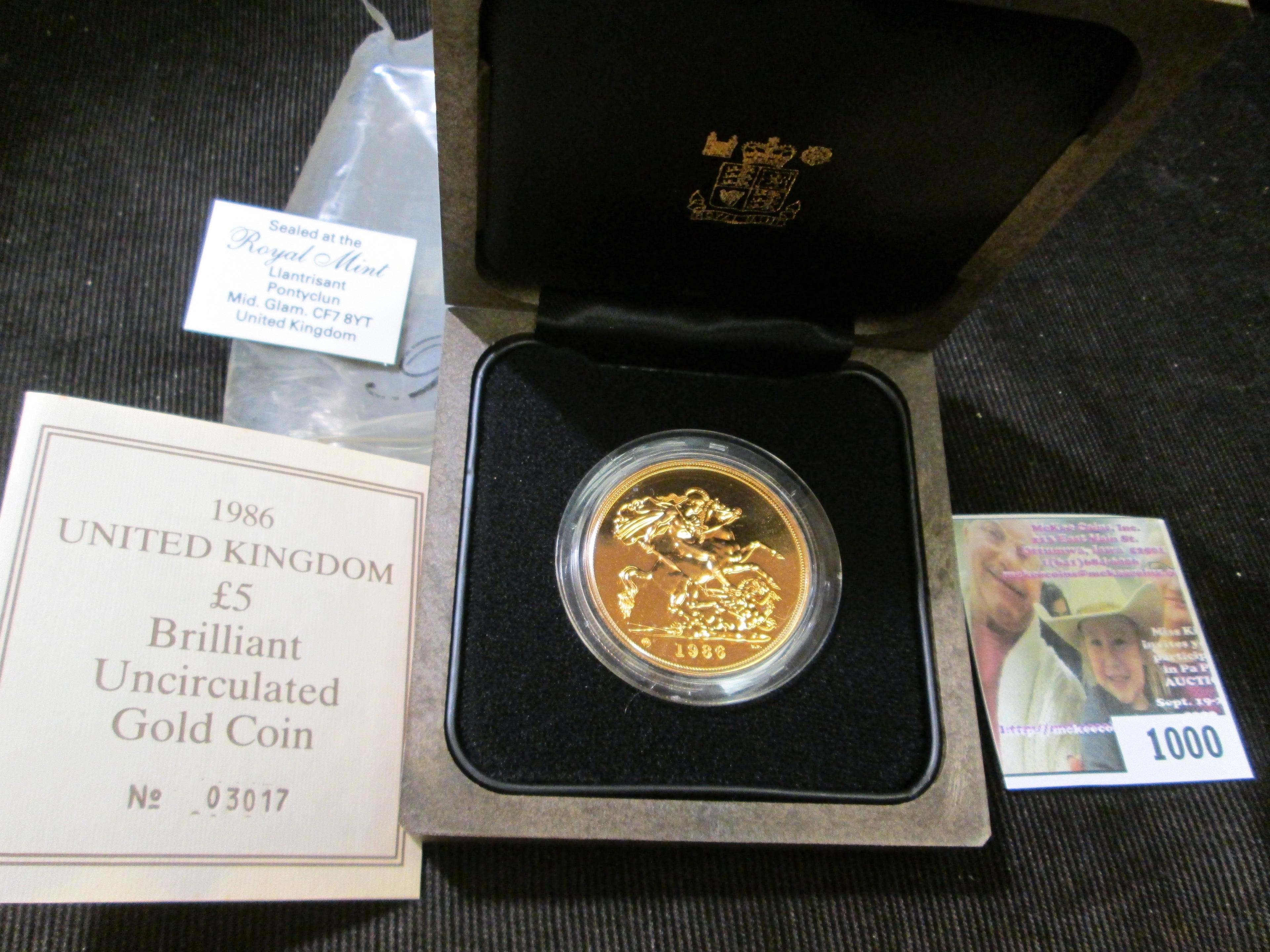 1986 Great Britain Five Pound Gold Coin In Original Case Of Issue. Mtg. 7,723 Pcs. Km#945. Weighs 39