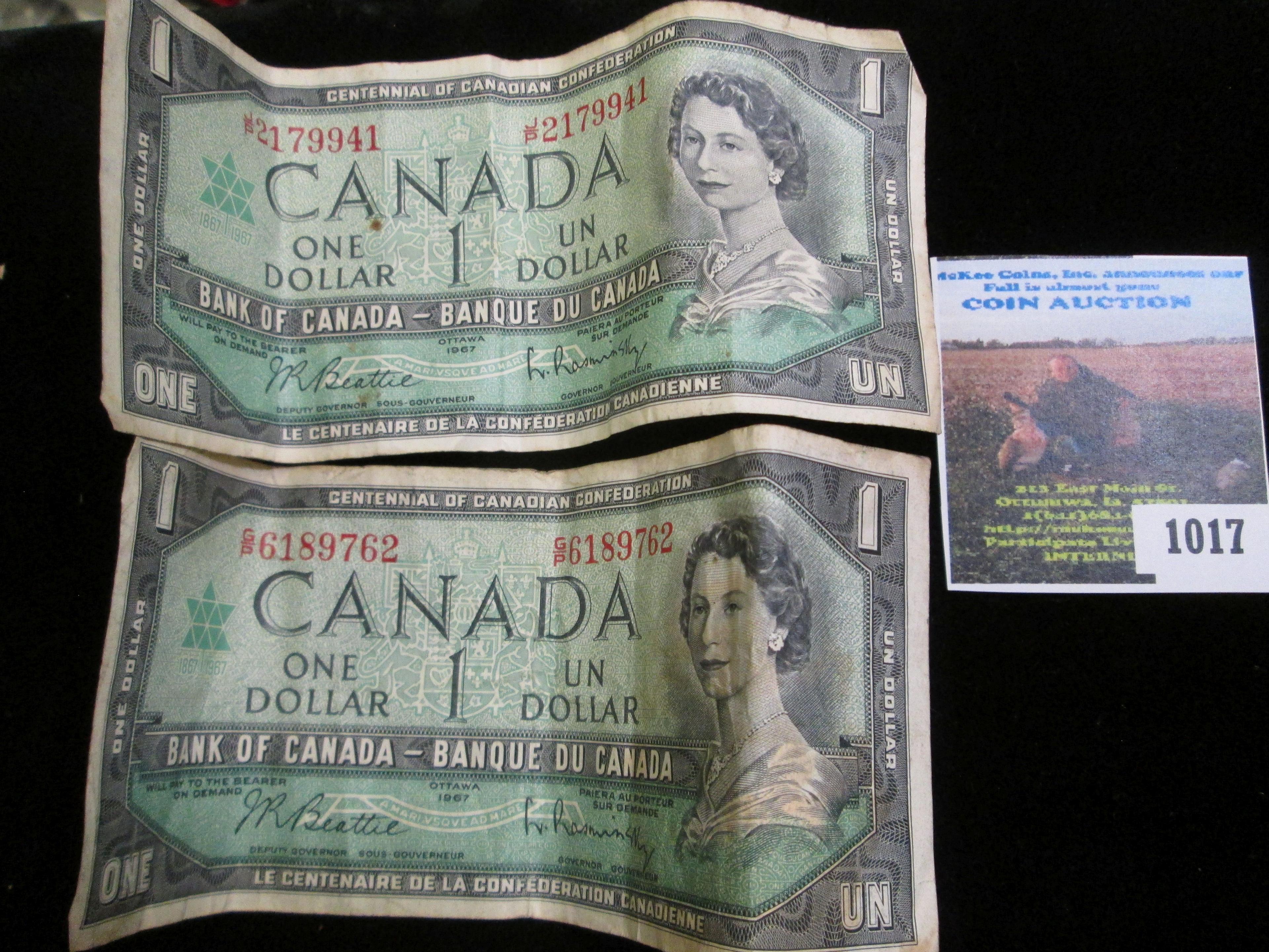 Pair of Series 1967 Bank of Canada One Dollar notes. (no longer in use).