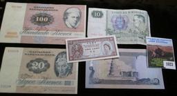 Five Foreign Banknotes, some are likely still negotiable. Includes Denmark, Sweden, Iraq & Hong Kong