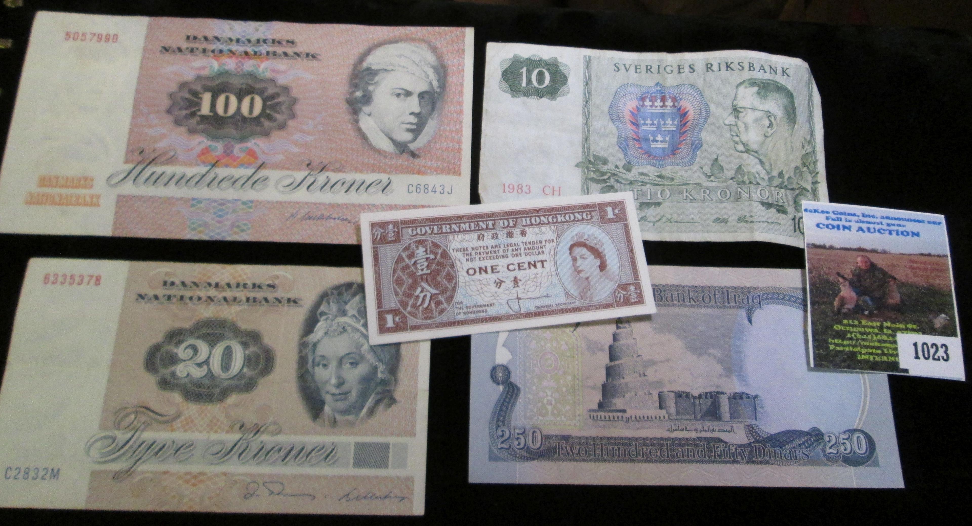 Five Foreign Banknotes, some are likely still negotiable. Includes Denmark, Sweden, Iraq & Hong Kong