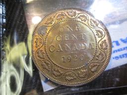 1920 Uncirculated Canadian Large Cent Graded Ms60 Brown By Iccs