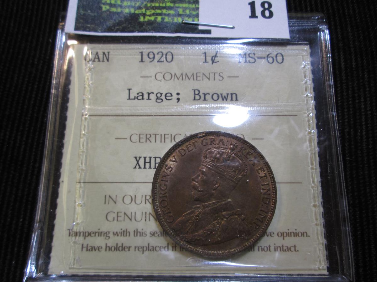1920 Uncirculated Canadian Large Cent Graded Ms60 Brown By Iccs