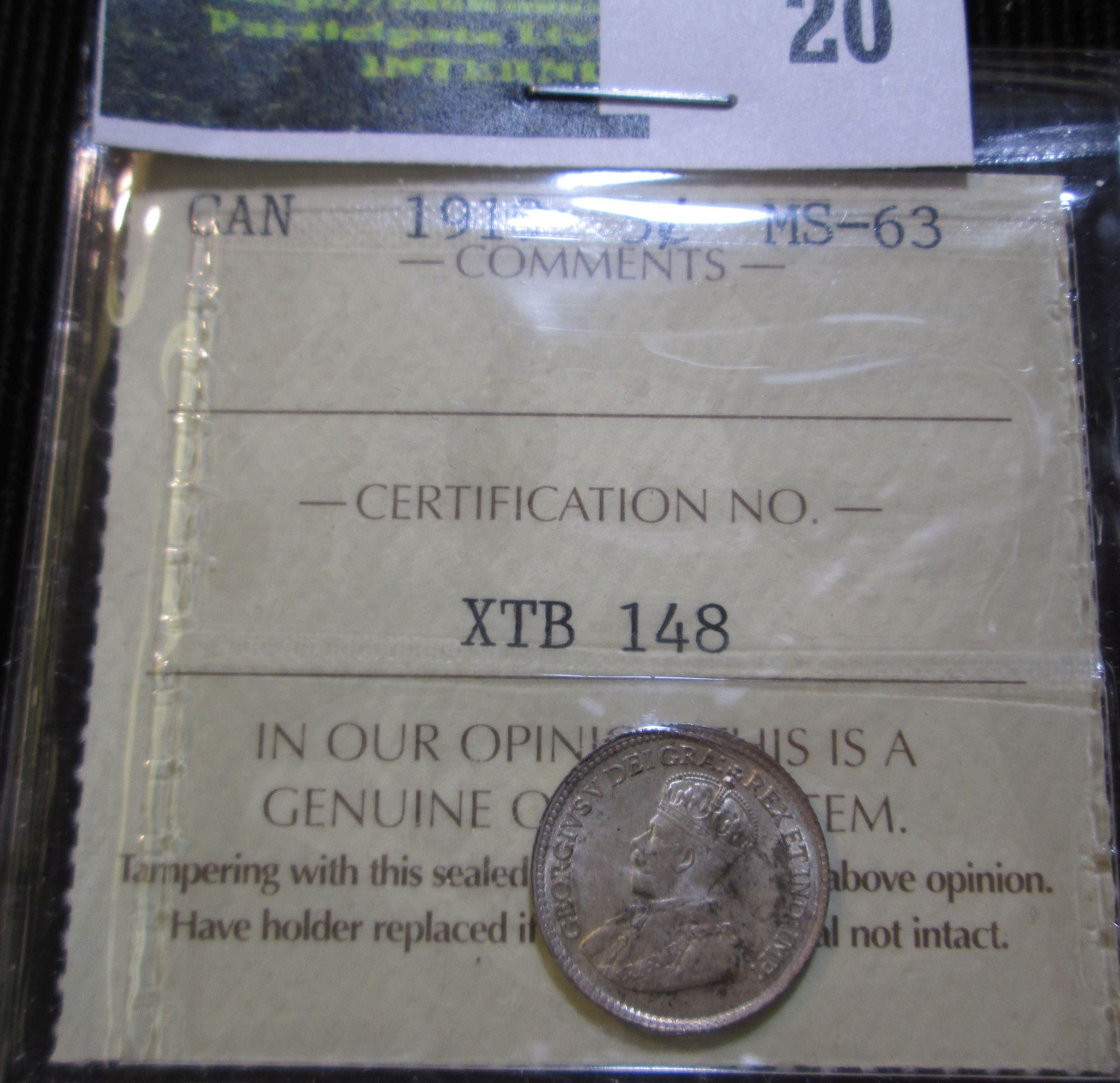 1919 Canadian Silver 5 Cent Piece Graded Ms 63 By Iccs (A Reputable Grading Company In Canada).  It