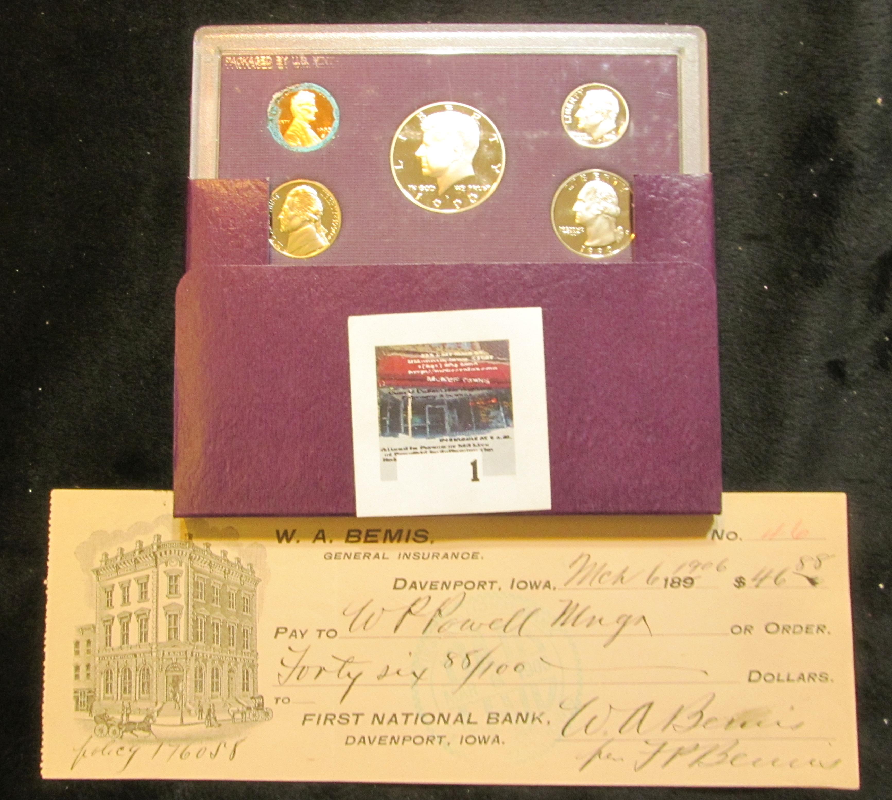 1906 "W.A. Bemis General Insuarnce Davenport, Iowa" cancelled check; & 1990 S U.S. Proof Set with de