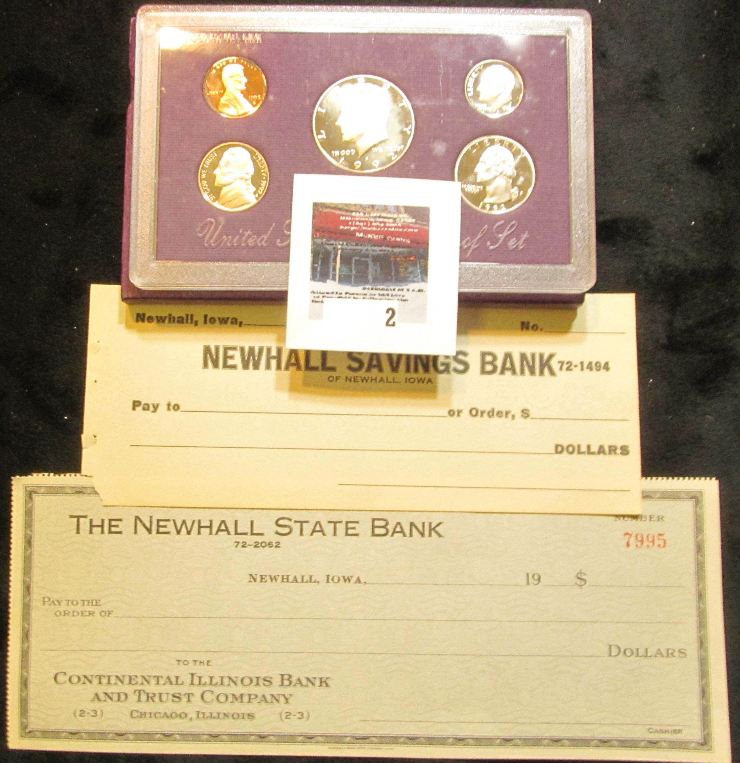 1992 S U.S. Cameo Proof Set & two different Newhall, Iowa Bank Checks from the 1920 era, both unissu