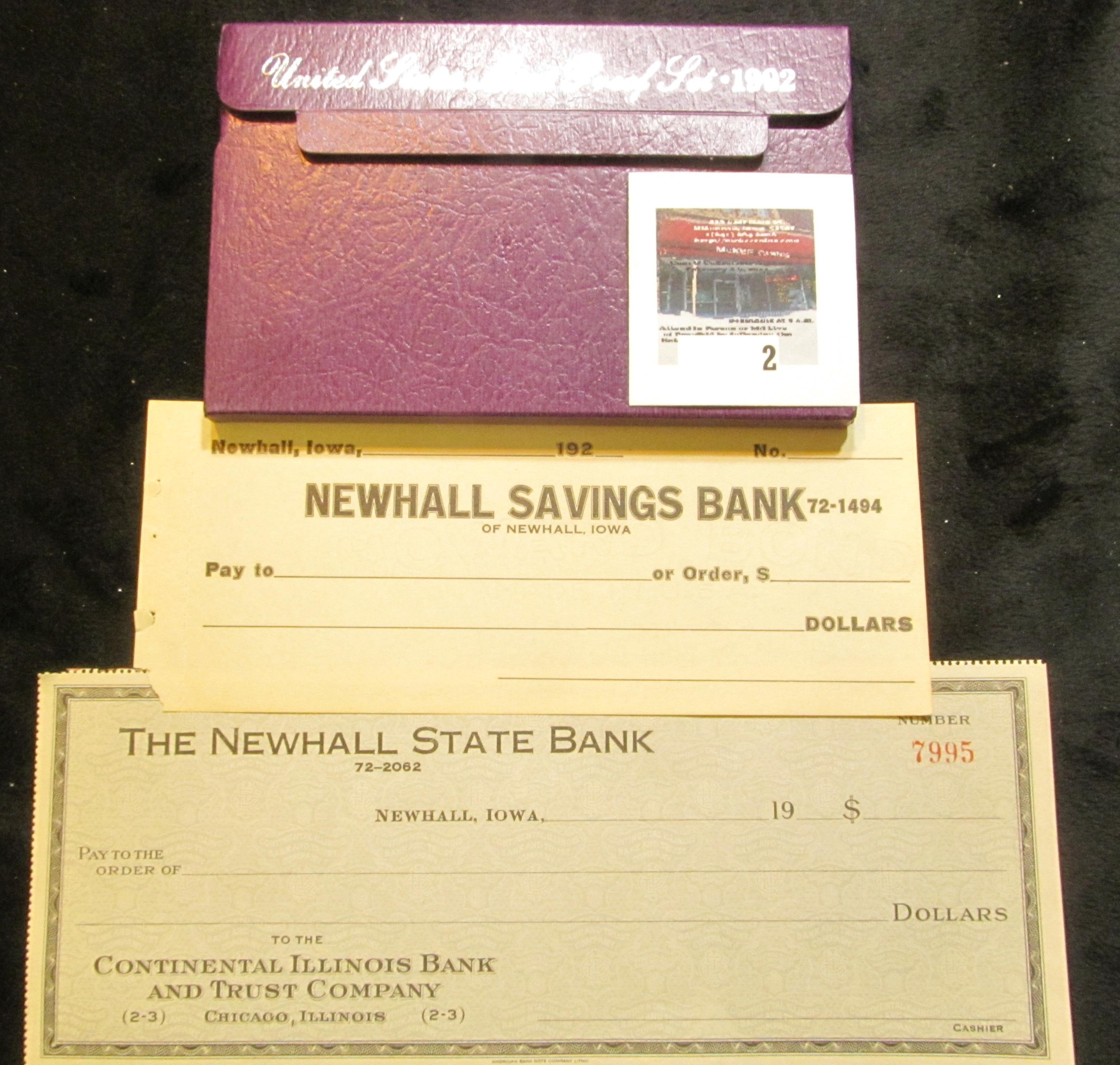 1992 S U.S. Cameo Proof Set & two different Newhall, Iowa Bank Checks from the 1920 era, both unissu