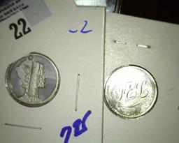 Cut Out Mercury Dime And A Seated Dime Love Token.  The Love Token Has The Letters "F, E, And L " In