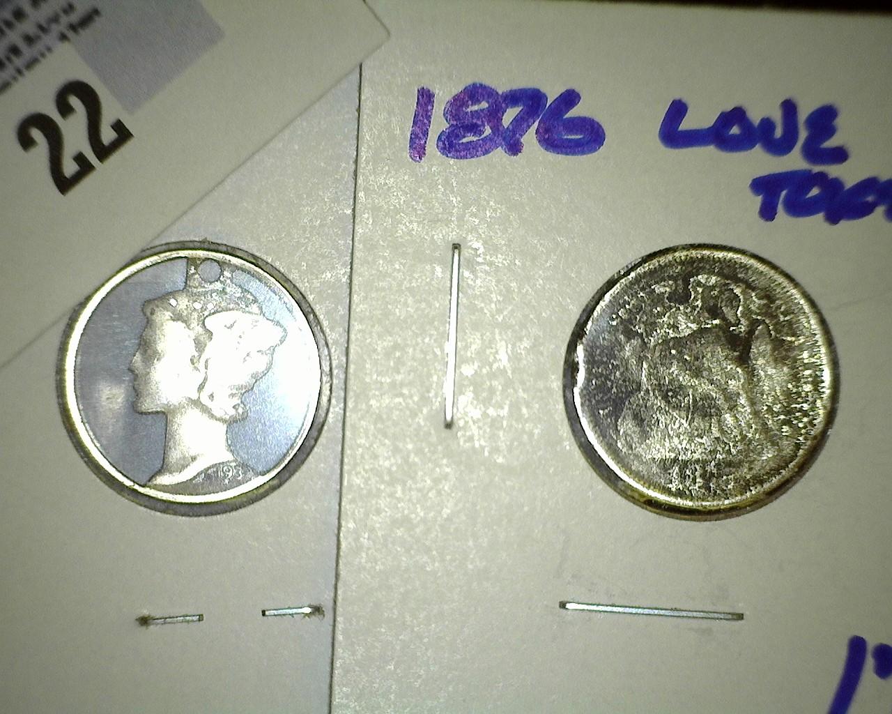 Cut Out Mercury Dime And A Seated Dime Love Token.  The Love Token Has The Letters "F, E, And L " In