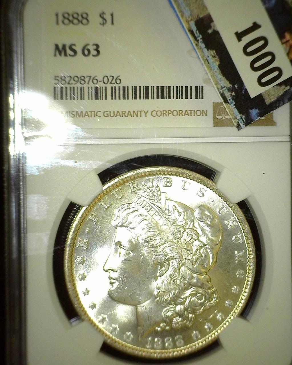 1888 P NGC slabbed MS 63 Morgan Silver Dollar.