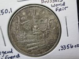1880 Azores Five Reis, VF, KM13; 1861 Belgium 10c, KM22, VF; 1958 Belgium 50 Francs, Brussels World’