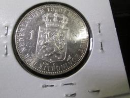 1901 Netherlands One Gulden, KM122.1, AU, Rare this nice.