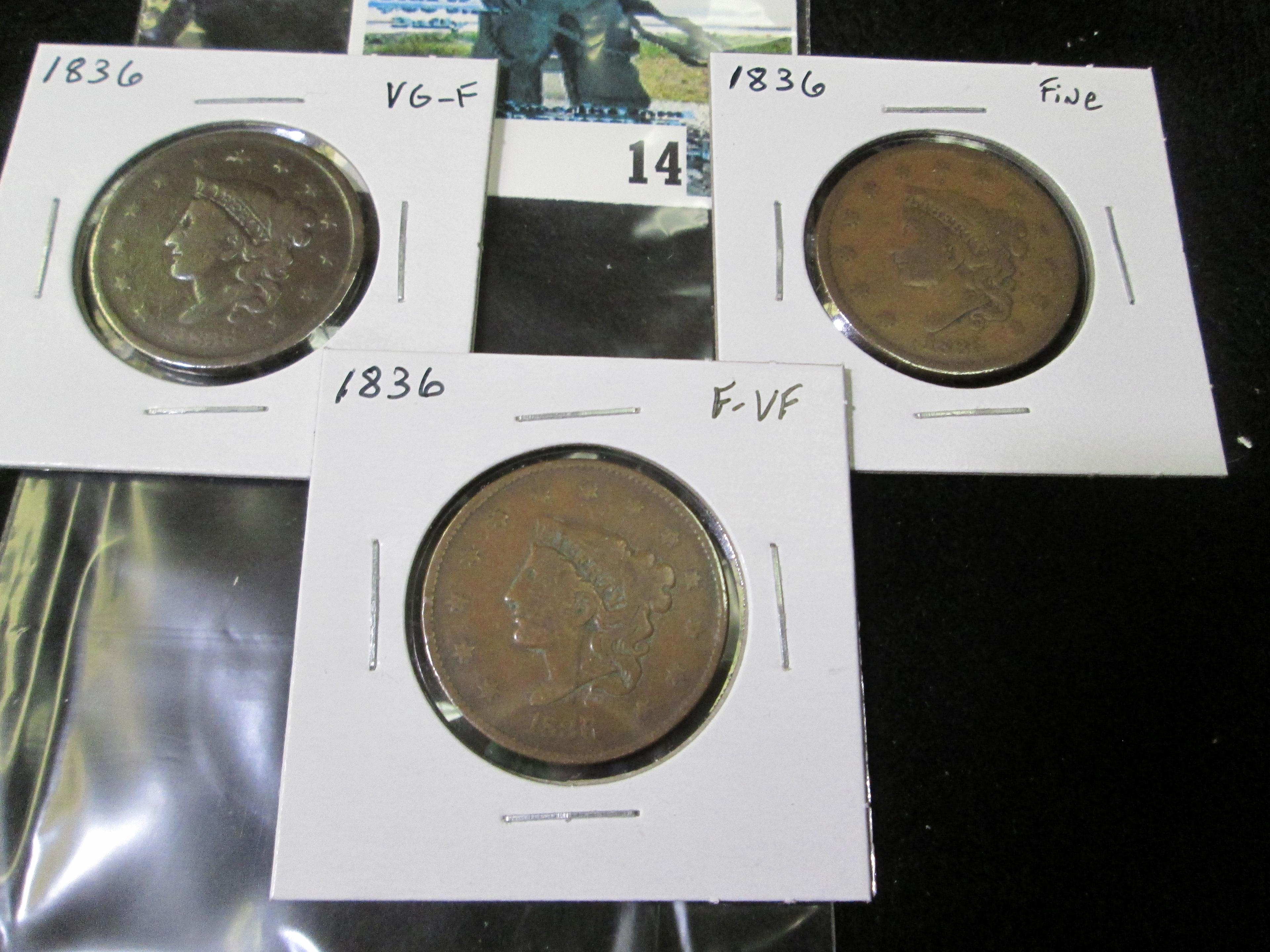 (3) 1836 U.S. Large Cents, VG-Fine, VG-Fine, & Fine-VF.