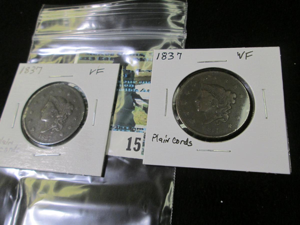 (2) 1837 Plain Cords U.S. Large Cents, both VF.