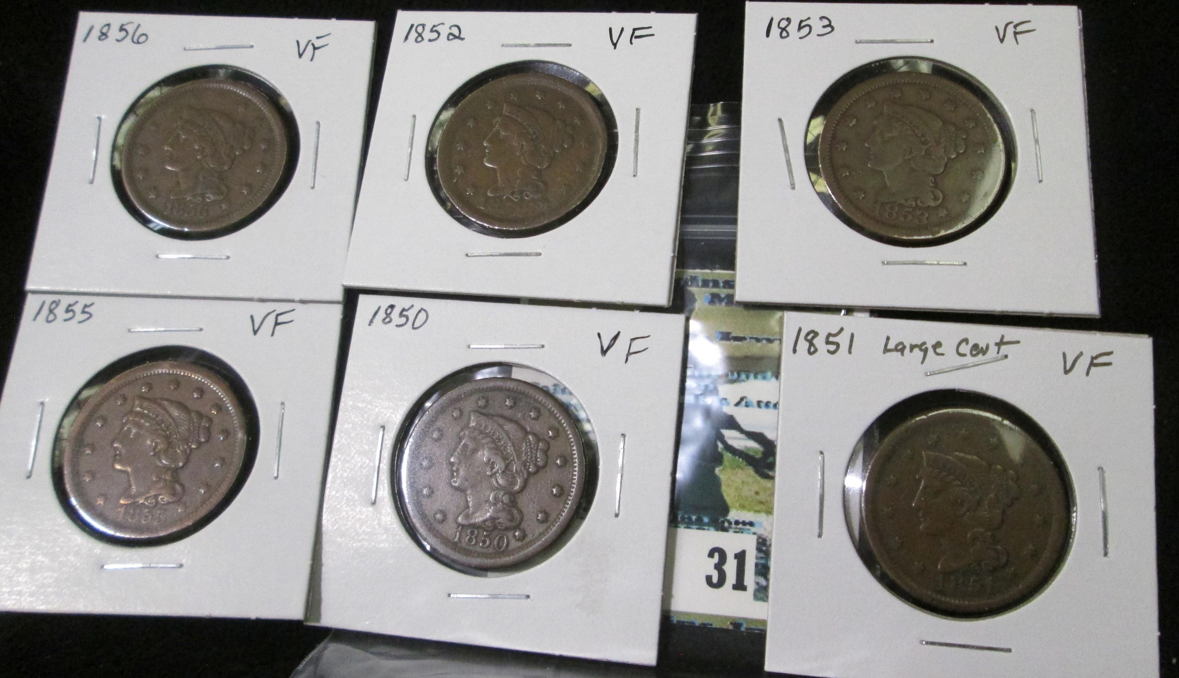 (6) U.S. Large Cents: 1850, 1851, 1852, 1853, 1855 upright 5s, & 1856. All VF.