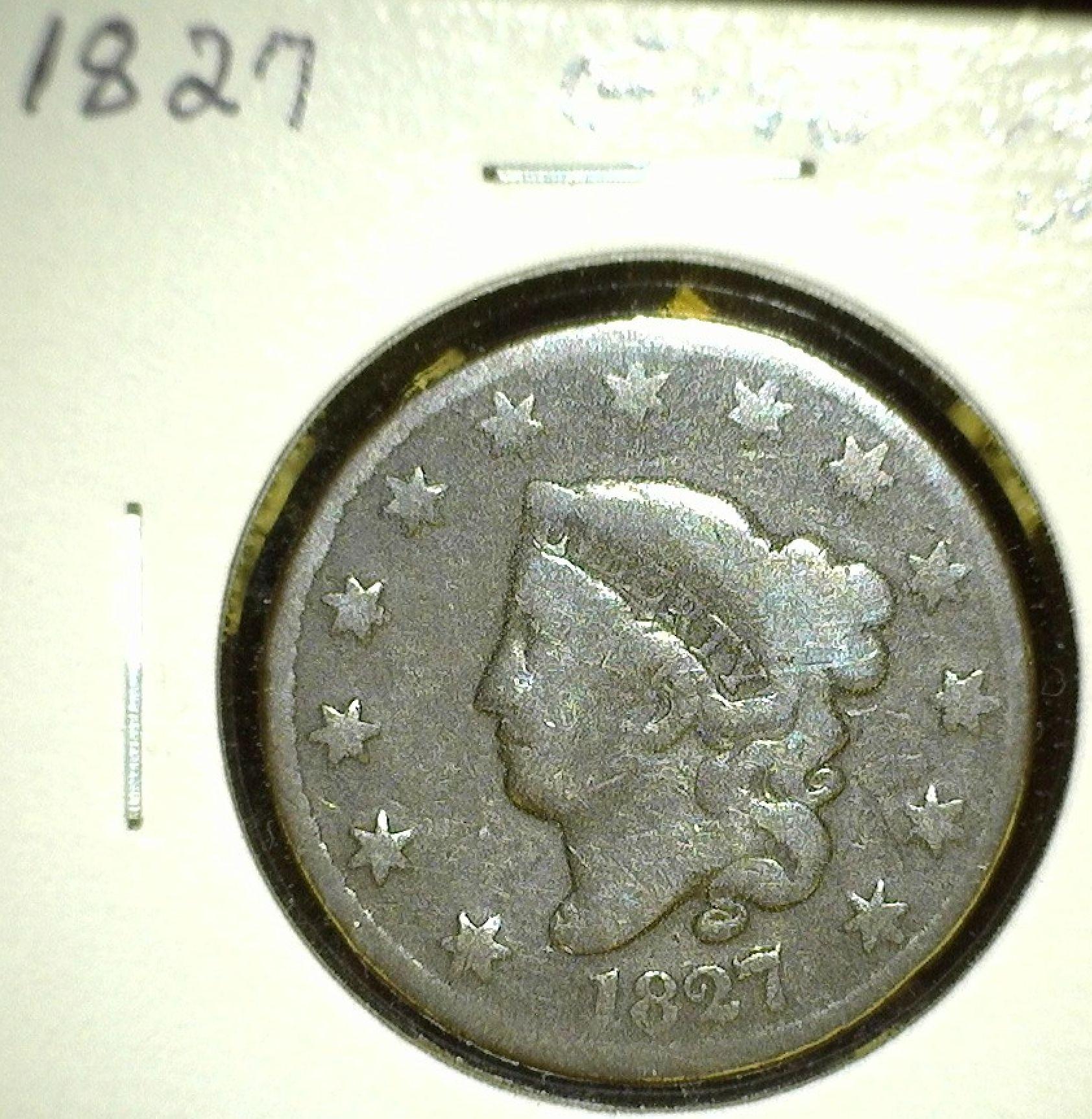 (4) U.S.Large Cents: 1820 VG with edge ding at 1:00; 1822 Good with reverse corrosion; 1827 G-VG wit