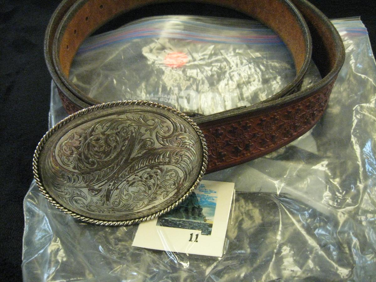 Brown 42" hand tooled leather belt withornate, engraved Montana Silversmiths, Columbus Montana belt