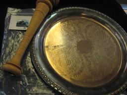 Large silver plate platter and hand turned tiger maple tapered candle stick