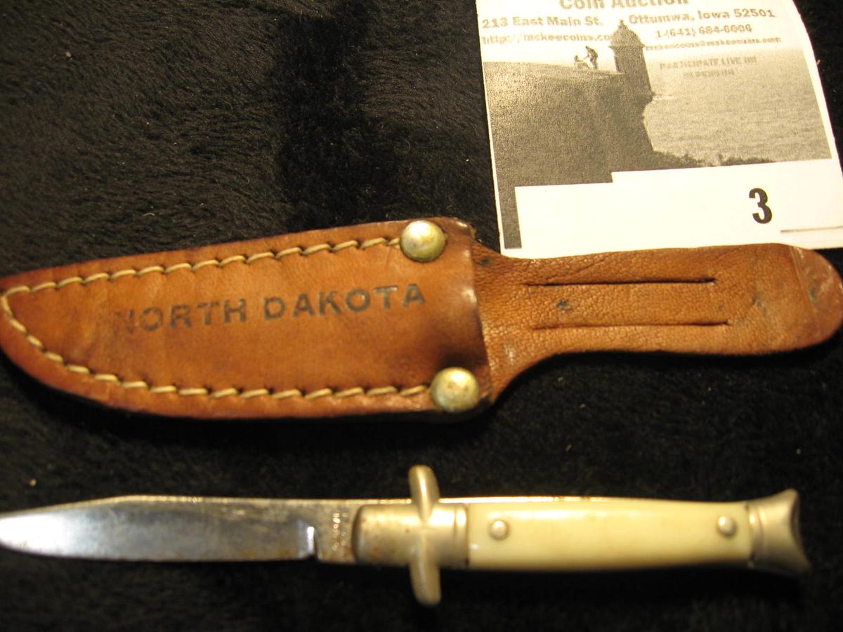 Very small North Dakota Sheath Souvenir Knife with Sheath. Manufactured by Colonial knife Co. in Pro