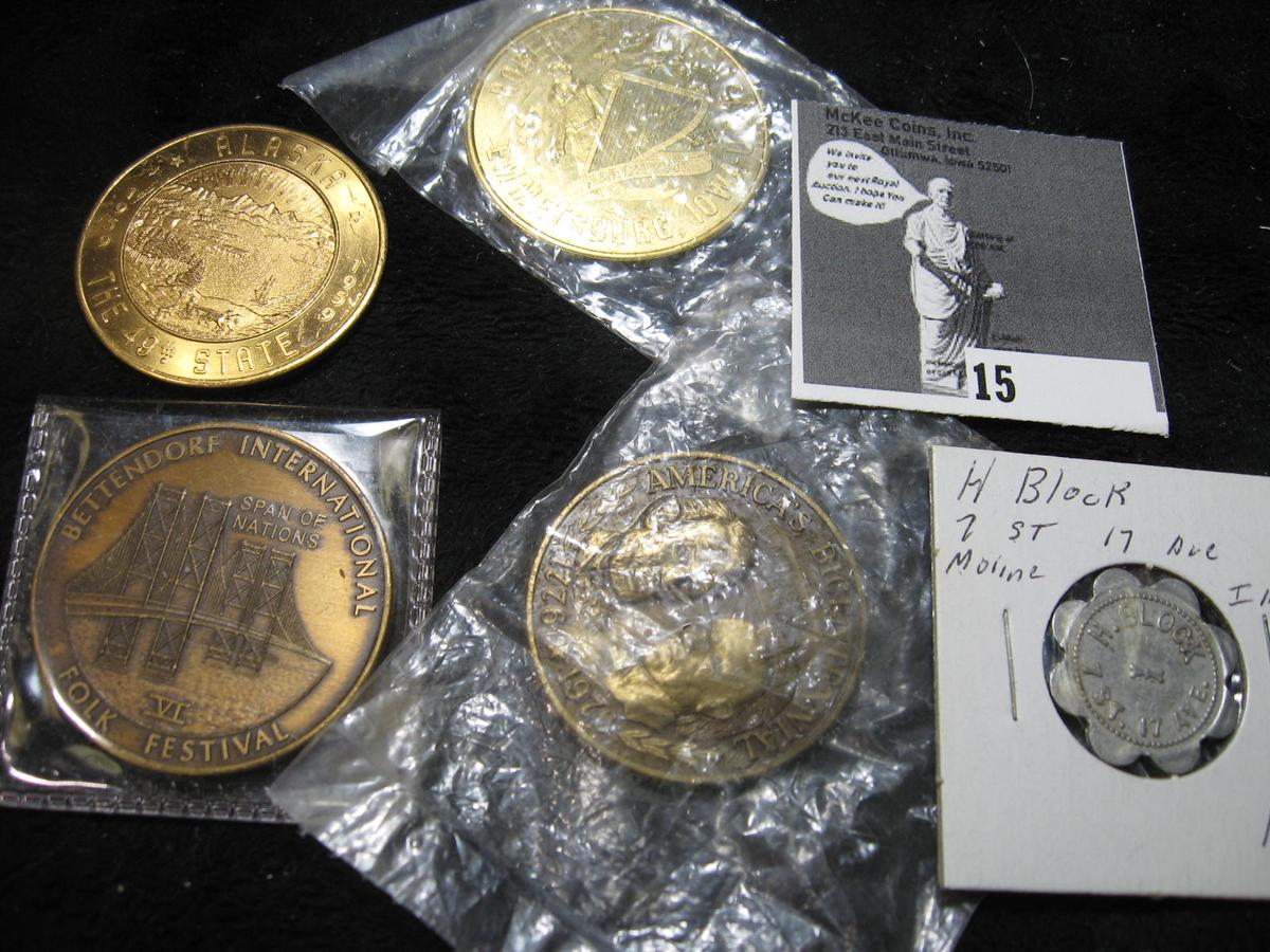 1959 The 49th State Alaska Medal; 1987 Irish Dollar from Emmetsburg, Iowa; 1972 Bettendorf, Iowa Med