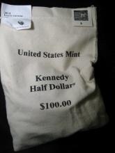 BU Mint Issued $100.00 Face 2014P, D Bag of Kennedy Half Dollars. Unopened.
