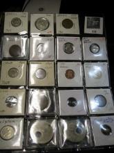 (15) Mixed Foreign Coins, Freshwater Pearl, cut amythyst, and (2) Eye Focal Medals in a 20-pocket Pl