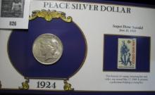 1924 P U.S. Peace Silver Dollar in a special holder, Teapot Dome Scandal June 30, 1924 6c Law Enforc