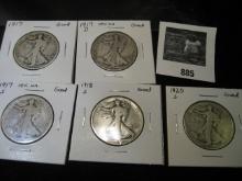 (5) Silver Walking Liberty Half Dollars, all Goods: 1917 P, D, S reverse, 18 S, & 20 S.