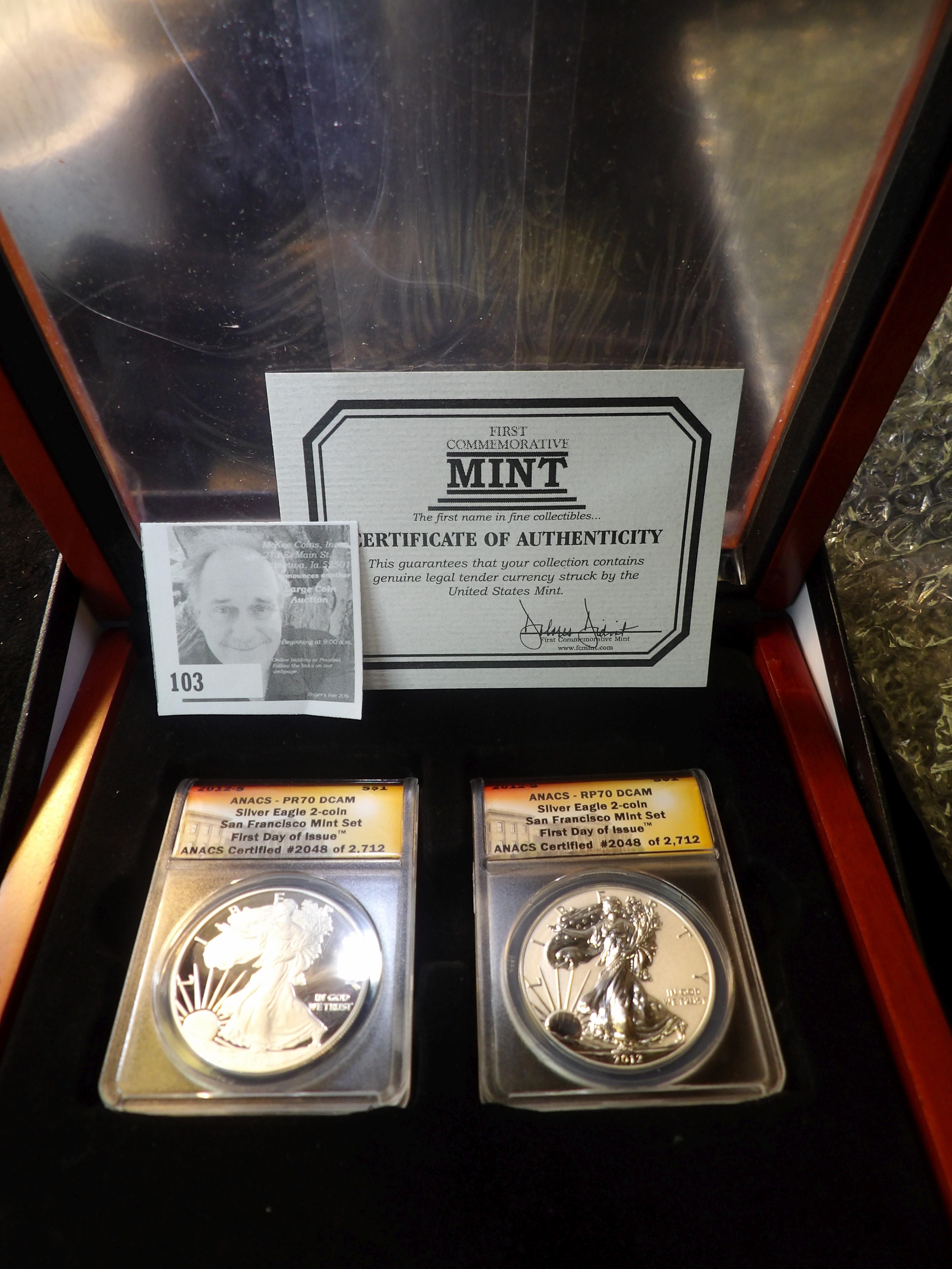 2012 (2pc.) Silver Eagle Slabbed Set. 2012-S S$1 ANACS-PR70 DCAM & RP70 DCAM Silver Eagle 2-Coin San