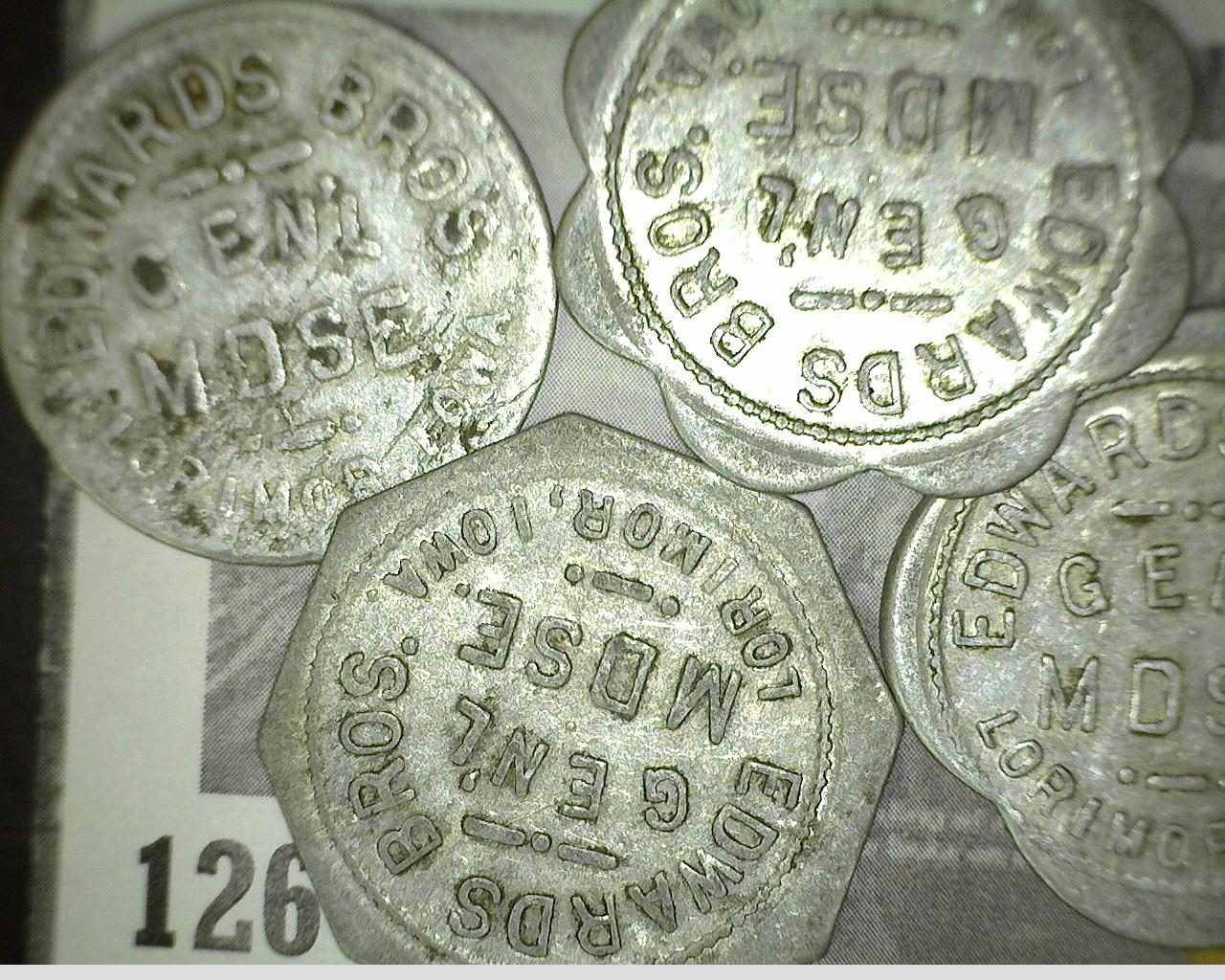 Four-piece Set of Edwards Bros. Gen'l Mdse Lorimor, Iowa Tokens, rds., oct., scalloped, all aluminum