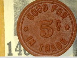 ALFRED STINN/GENERAL/MERCHANDISE/PANAMA, IOWA; GOOD FOR/5c/IN TRADE, red fiber token, rd., 21mm.