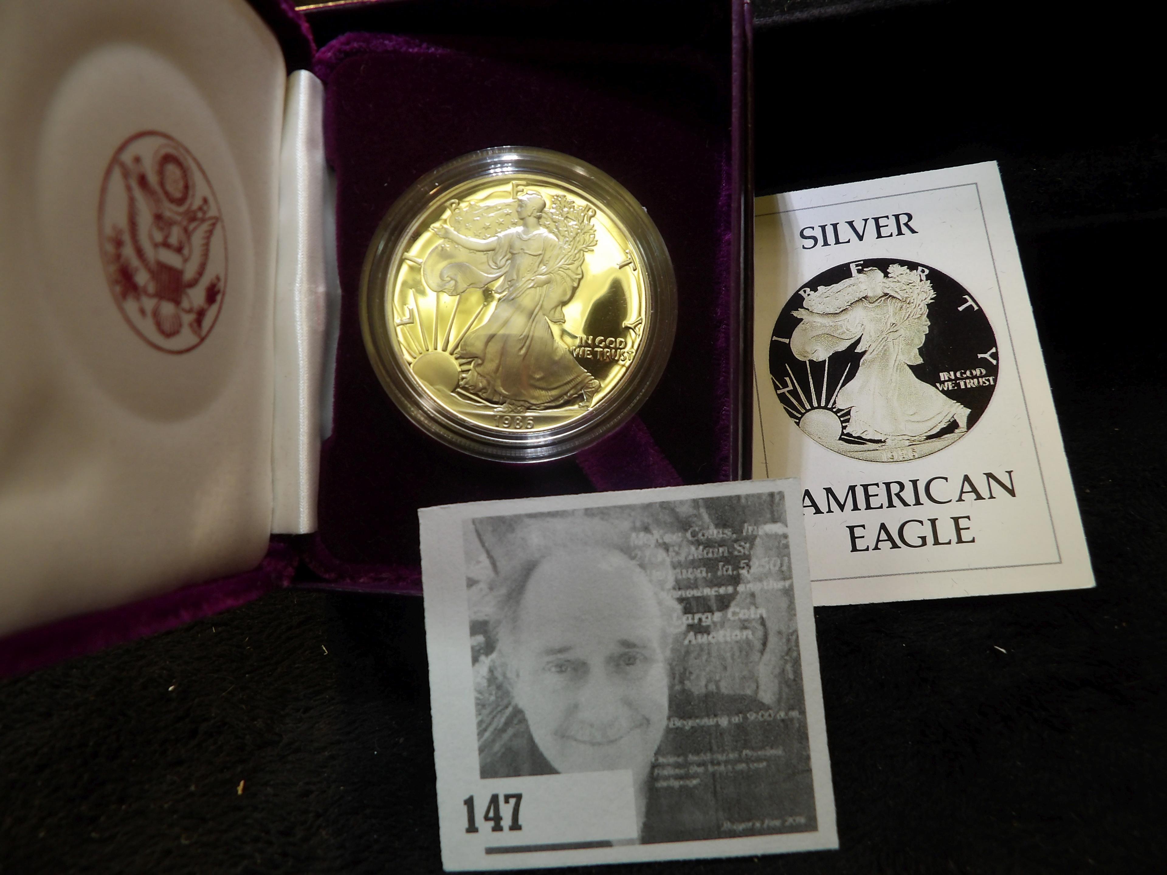 1986 S American Eagle One Ounce Silver Proof Dollar in original box as issued. First year of issue.